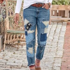 Driftwood Womens 30x27 Blue Abbey Boyfriend Jeans Mid Rise Patchwork Denim